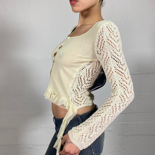 Vintage 2000's Soft Girl Crochet Milky Cardigan Button Up Top with Ruffle Details (S)