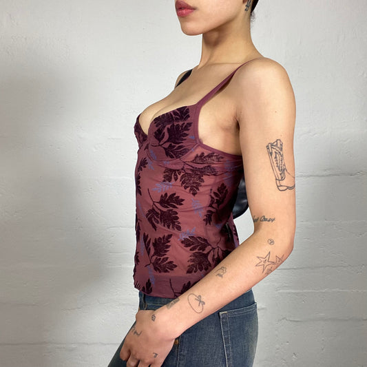 Vintage 2000's Dark Boho Dirty Pink Mesh Cami Top with Leaves Print (S)