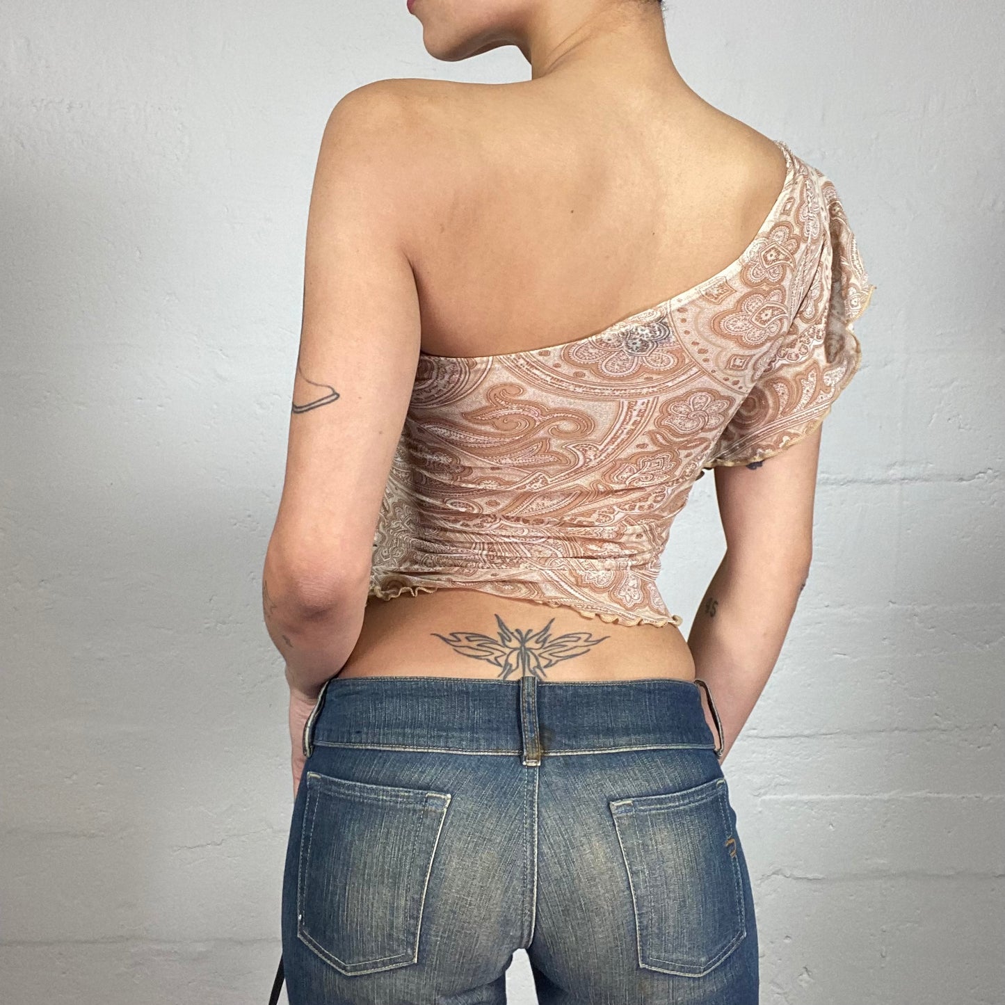 Vintage 2000's Romantic Beige One Shoulder Assymentric Ruffle Detailed Top with Boho Print (S)