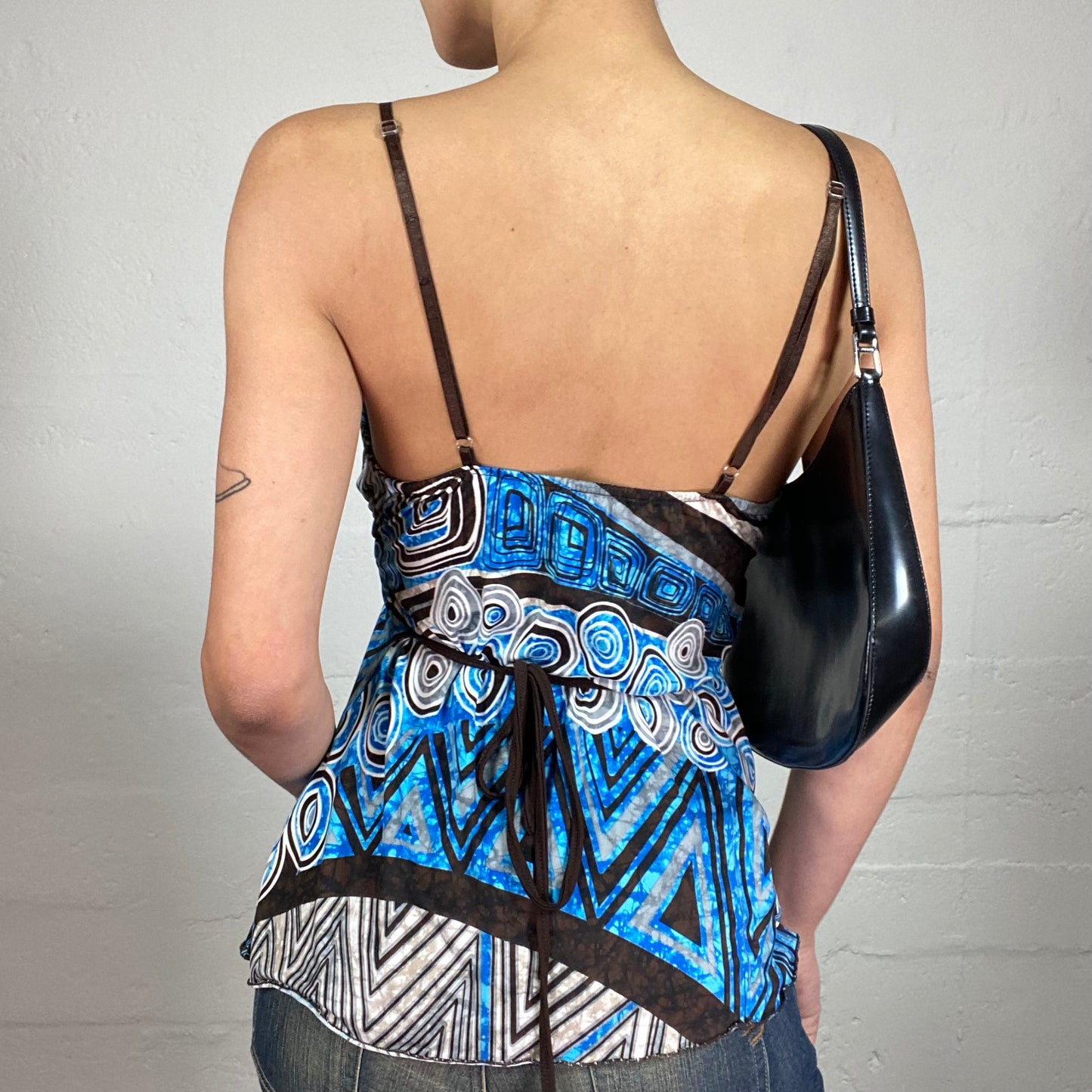 Vintage 2000's Serena Van Der Woodsen Style Blue and Brown Cami Top with Futuristic Pop Print (S)