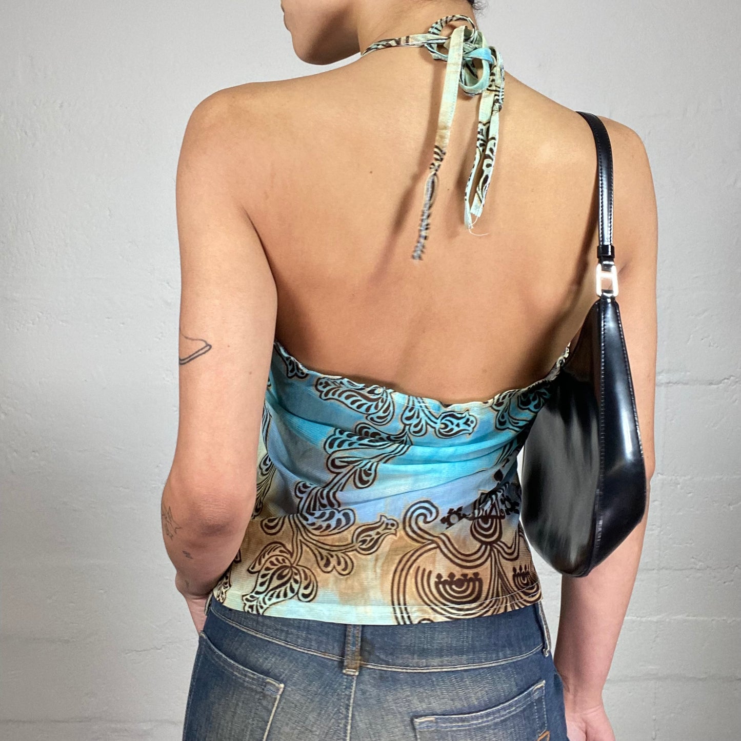 Vintage 2000's Summer Boho Chiffon Blue and Beige Neckholder Top with Brown Print (M)