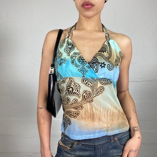 Vintage 2000's Summer Boho Chiffon Blue and Beige Neckholder Top with Brown Print (M)