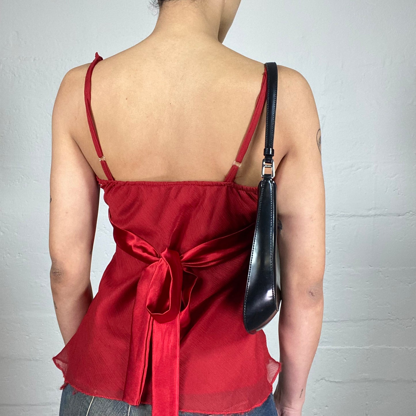 Vintage 2000's Paris Date Red Chiffon Elegant Cami Top with Silky Ribbon Detail (M)