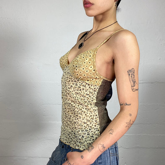 Vintage 2000's Soft Spring Girl Tender Green and Beige Chiffon Cami Top with Floral Print (S)