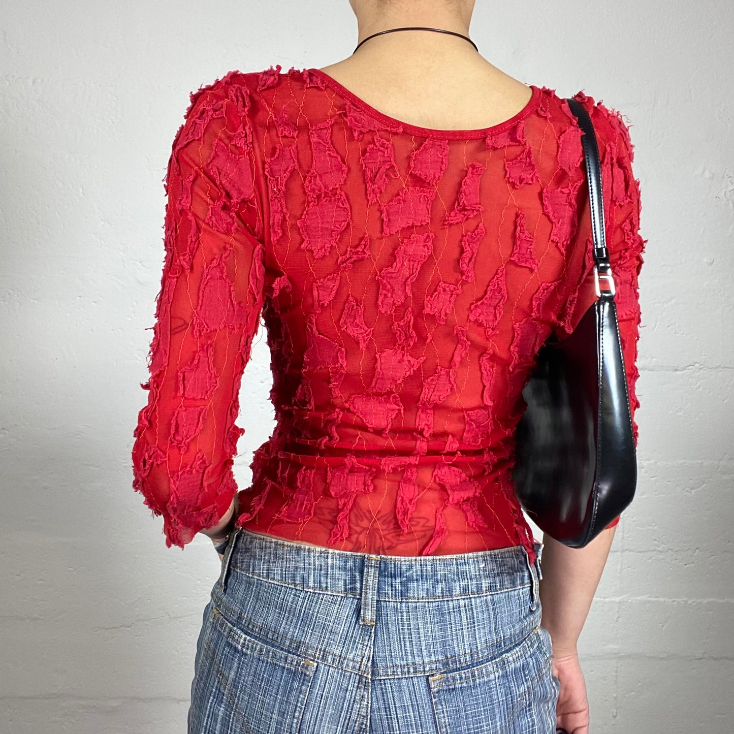 Vintage 2000's Femme Fatale Blood Red Mesh Abstractly Embroidered 3/4 Sleeve Top (S)
