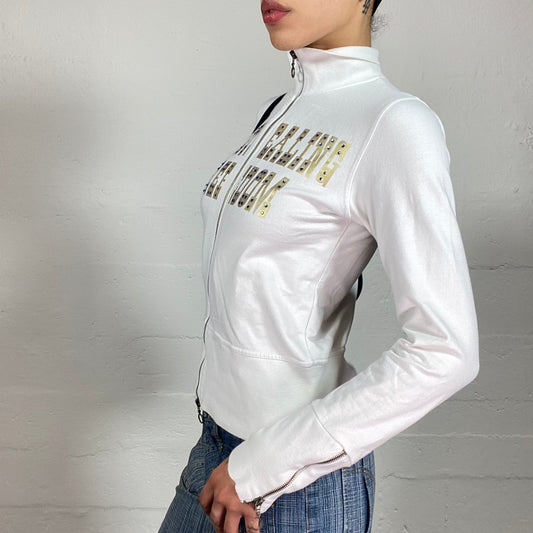 Vintage 2000's Grunge White Zip Up Pullover with Gold No Stealing Freedom and Biker Vibe Illustration Prints (M)