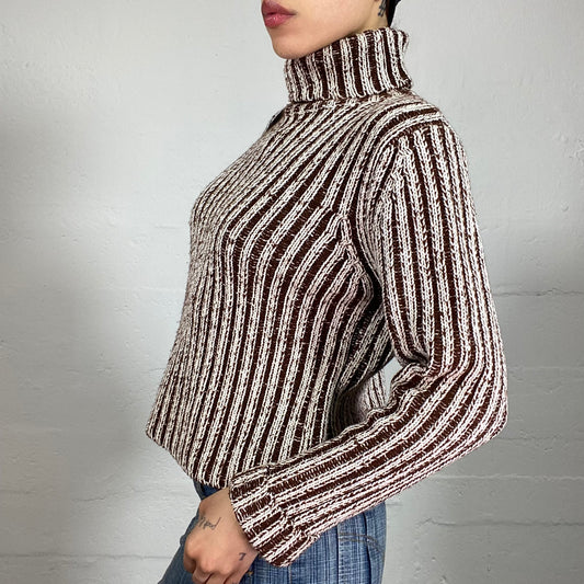 Vintage 2000's Cozy Brown and Beige High Neck Striped Knitted Sweater (S)