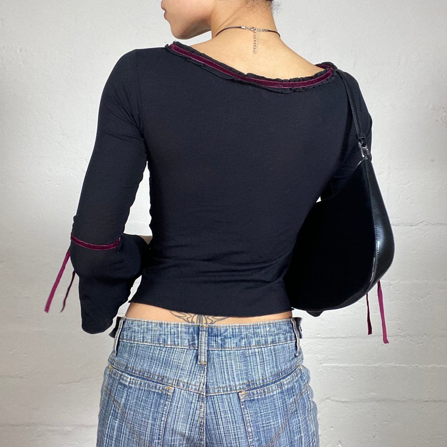 Vintage 2000's Dark Boho Black Flared Sleeves Top with Burgundy Velour Ribbons (S)
