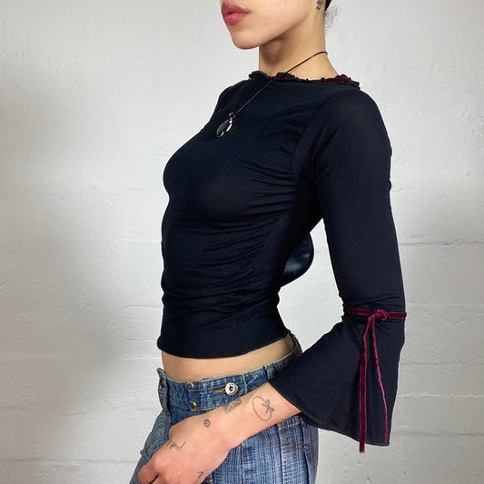 Vintage 2000's Dark Boho Black Flared Sleeves Top with Burgundy Velour Ribbons (S)