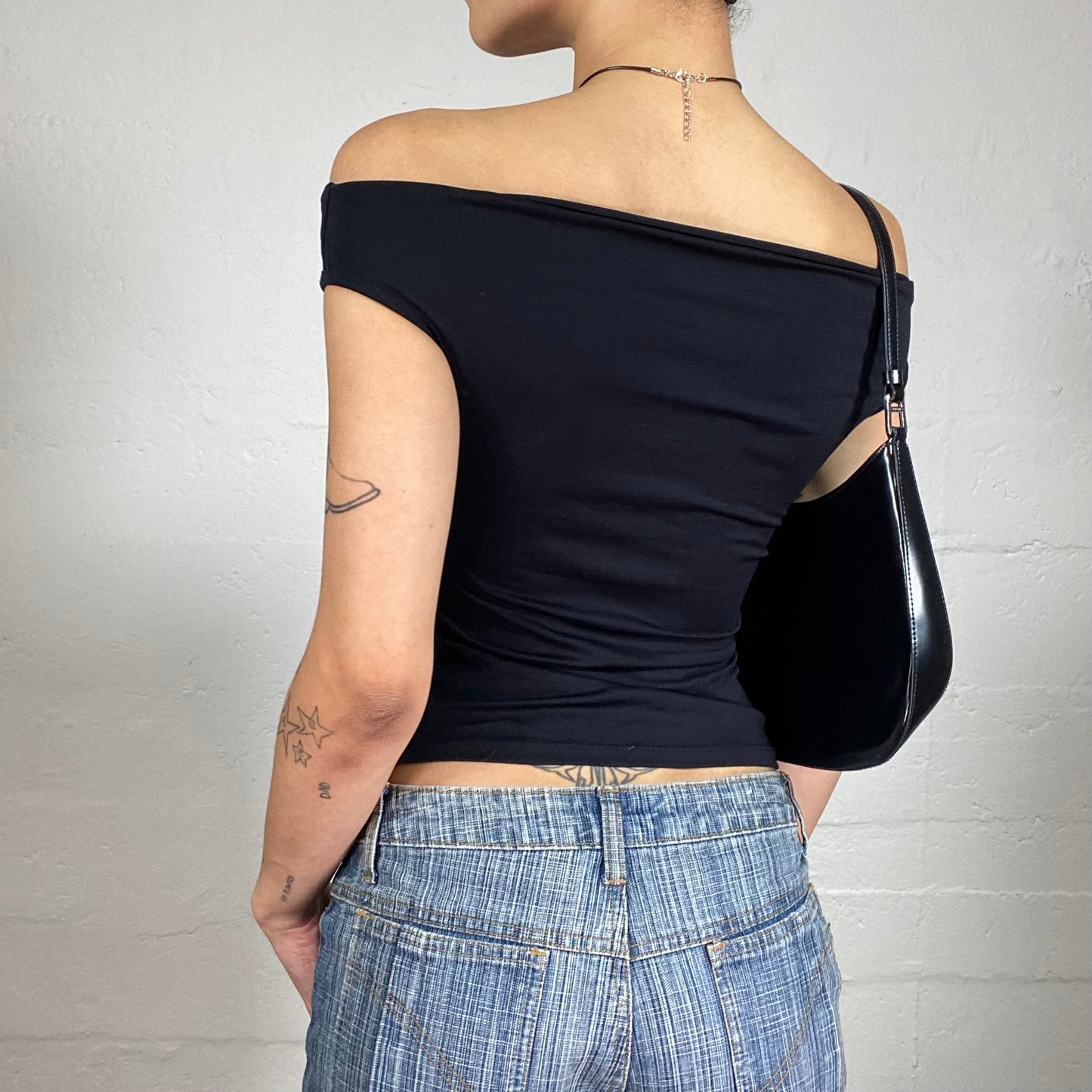 Vintage 2000's Grunge Girl Off Shoulder Black Top with Neon Pink and Silver Get Inside Typo Print (S)