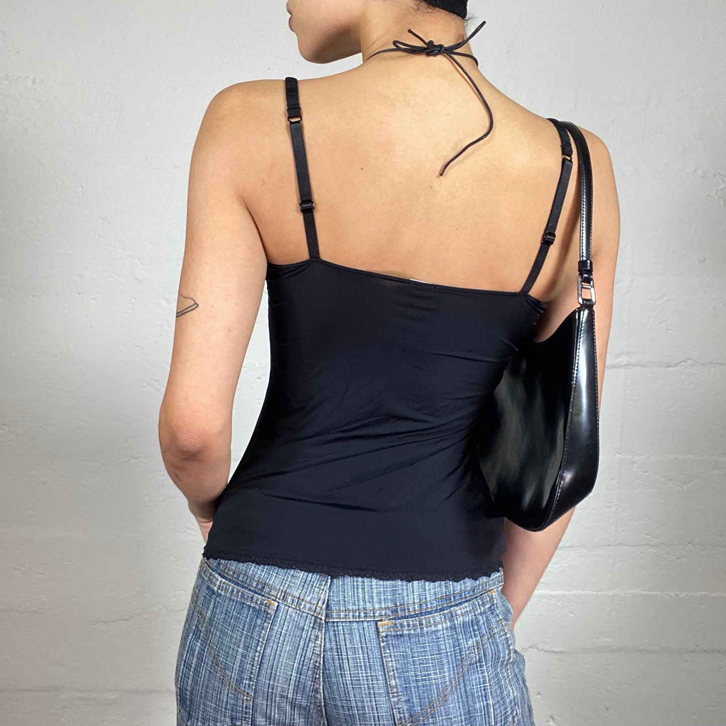 Vintage 2000's Coquette Black Cami Top with Lace Trim and Tiny Ribbon Details (S)