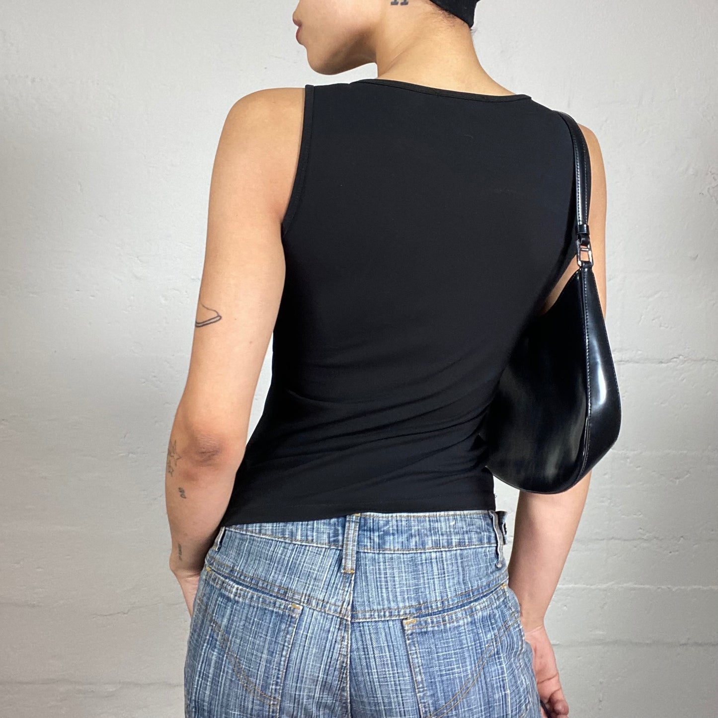 Vintage 2000's Dark Romantic Black Tank Top with Mesh Flower Embroidery (S)