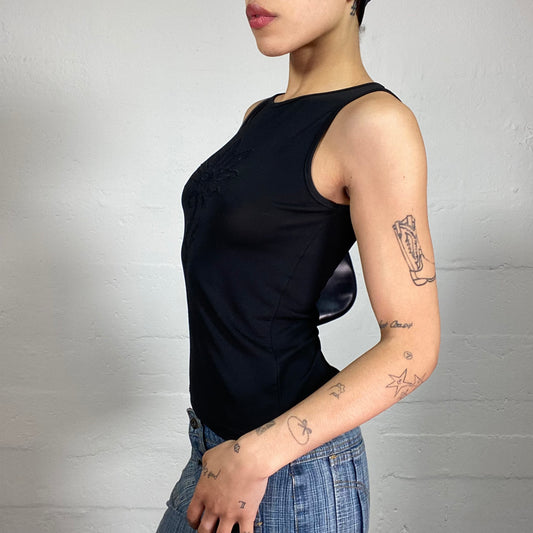 Vintage 2000's Dark Romantic Black Tank Top with Mesh Flower Embroidery (S)