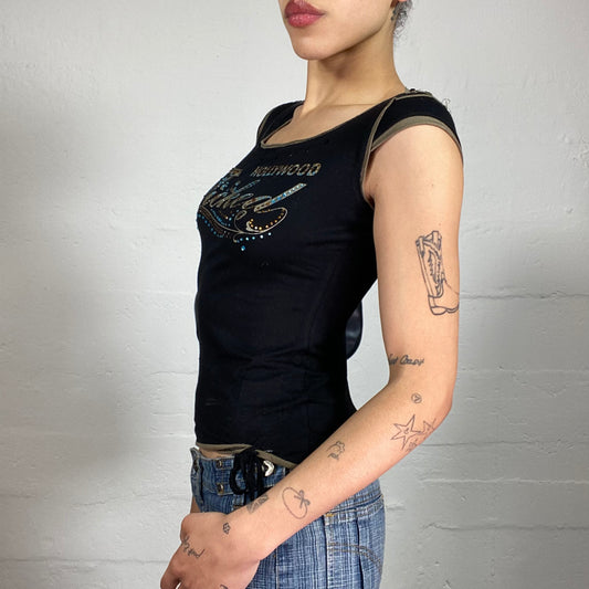 Vintage 2000's Downtown Girl Black Micro Sleeves Tee with Wicked Hollywood Print and Rhinestones Decor (S)