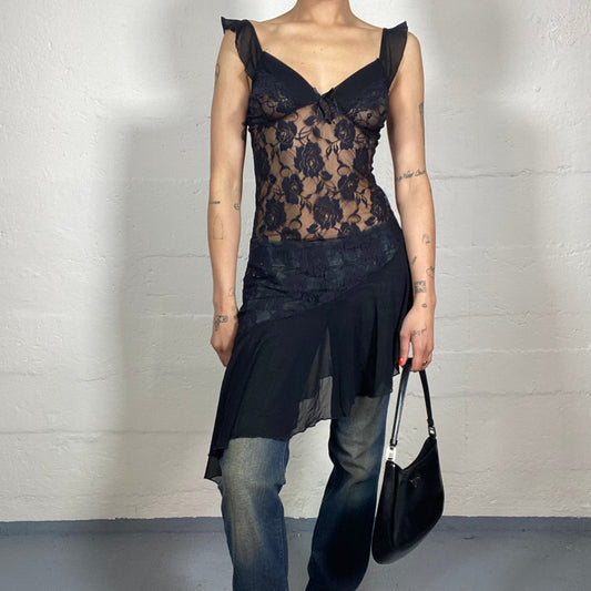 Vintage 2000's Vamp Girl Midnight Black Asymmetric See-Through Girl with Navy Blue Lace (S)