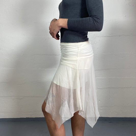 Vintage 2000's Soft Girl White Flowy Chiffon Asymmetric Midi Skirt (S)