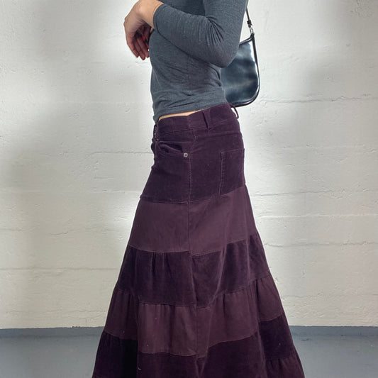 Vintage 2000's Vamp Girl Deep Purple Denim and Velvet Striped Ruffled Maxi Skirt (S)