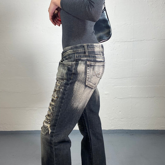 Vintage 2000's Glamorous Black Bootcut Beige Wash Out Denim Jeans with Decorative Covered in Rhinestones Cuts (XL)