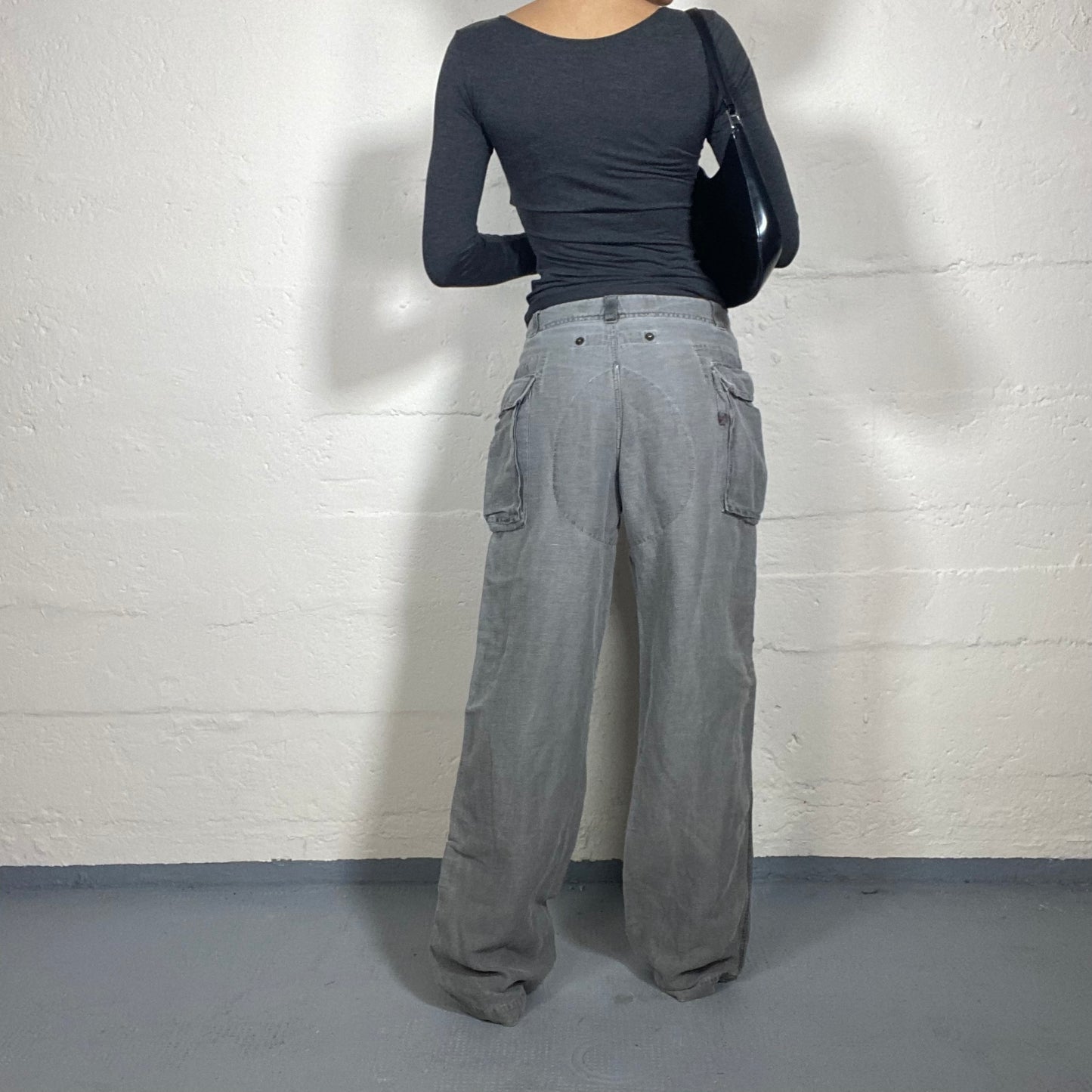 Vintage 2000's Guess Summer Light Grey Linen Wide Leg Cut Zip Up Pants (M)