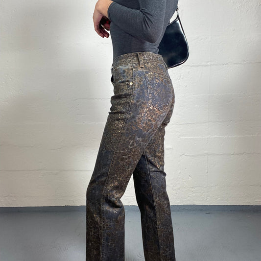 Vintage 2000's Burlesque Dark Blue Denim Bootcut Jeans with Golden Boho Style Animal Print (S)