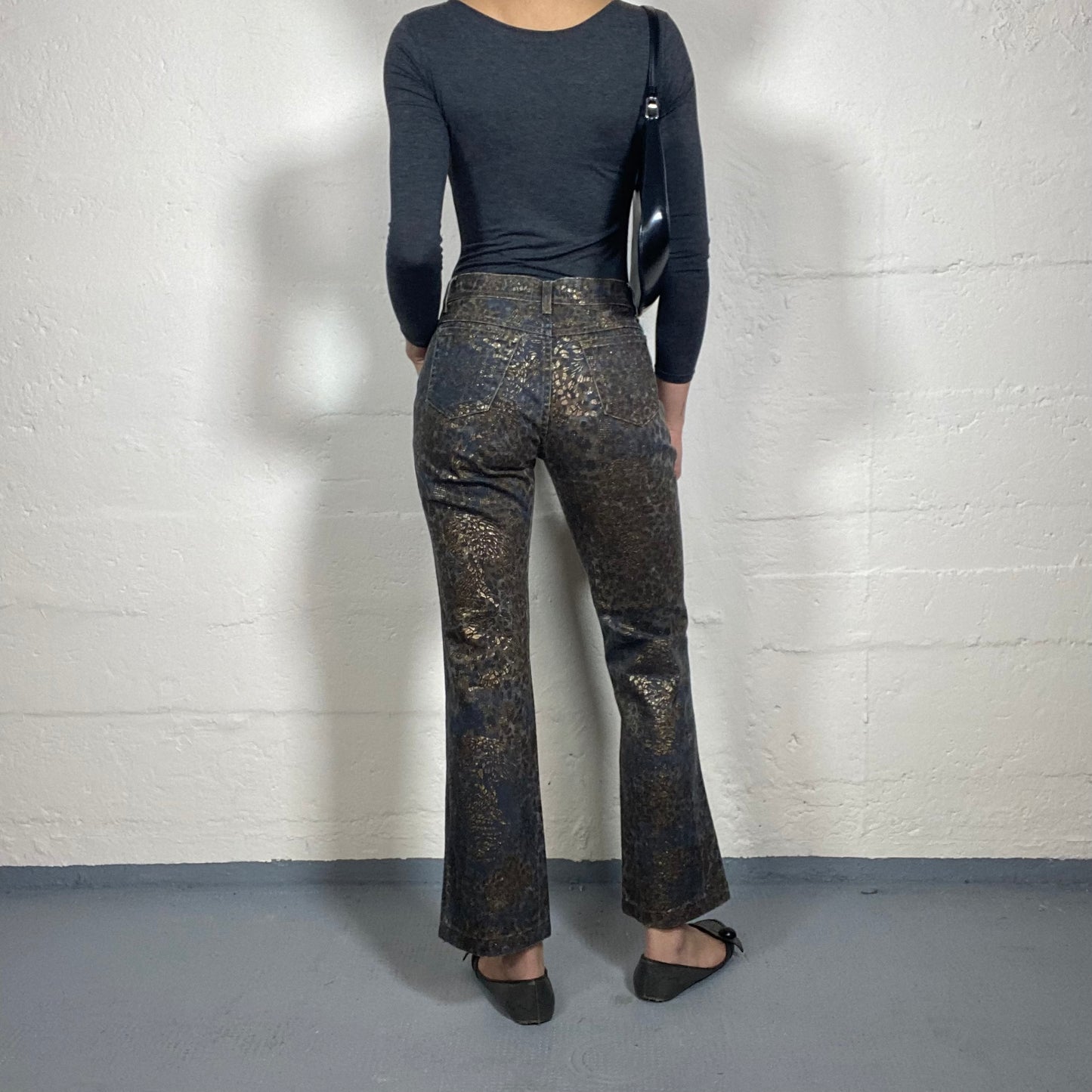 Vintage 2000's Burlesque Dark Blue Denim Bootcut Jeans with Golden Boho Style Animal Print (S)
