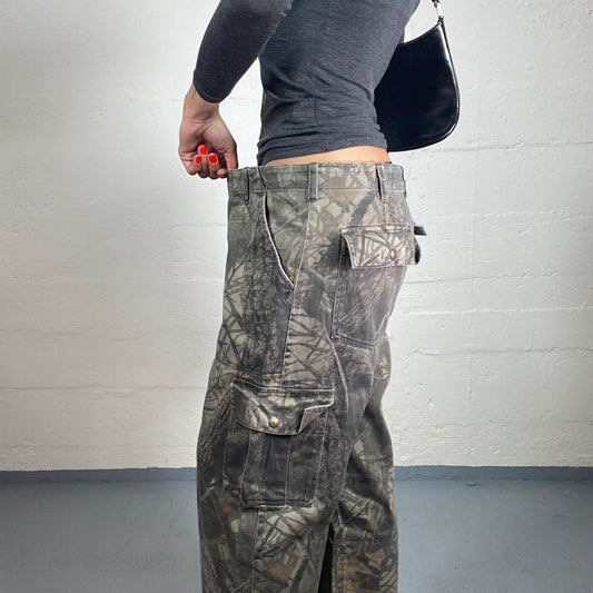 Vintage 2000's Camouflage Style Baggy Printed Brown/Grey Pants with Big Pockets (XL)