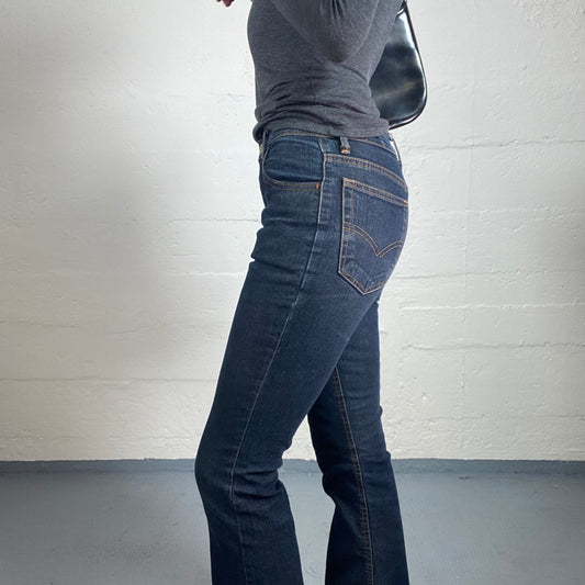 Vintage 2000's Elena Gilbert Style Mid Waist Classic Dark Blue Long Flare Jeans (S)