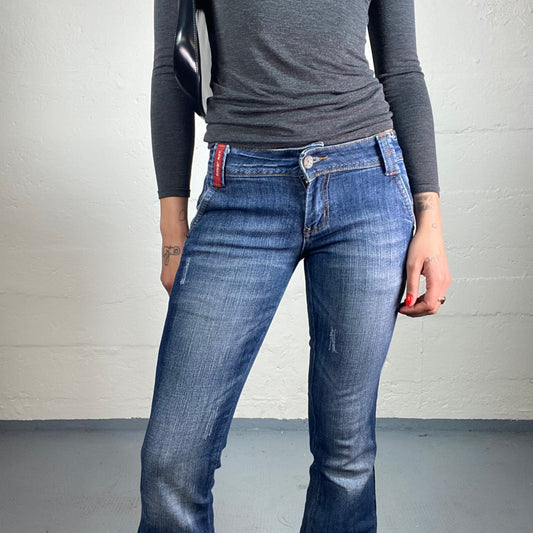 Vintage 2000's Downtown Girl Low Rise Bootcut Classic Blue Jeans with Hello Wings Back Embroidery (S)