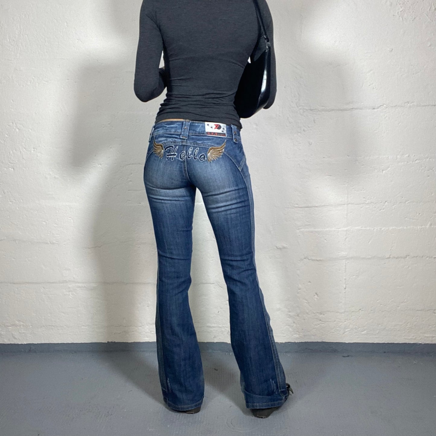 Vintage 2000's Downtown Girl Low Rise Bootcut Classic Blue Jeans with Hello Wings Back Embroidery (S)