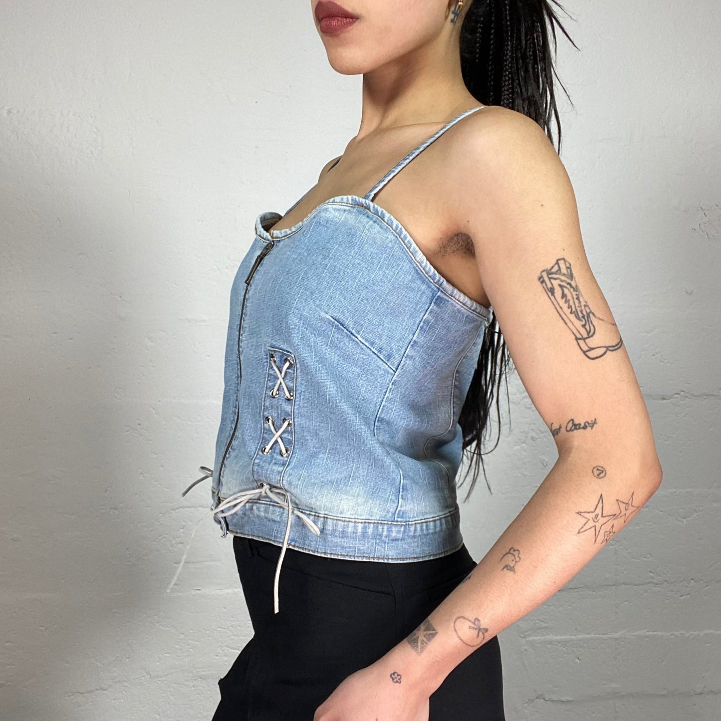 Vintage 90’ Cow Girl Denim Cami Top with Zipper and Lace Up Detail (M)