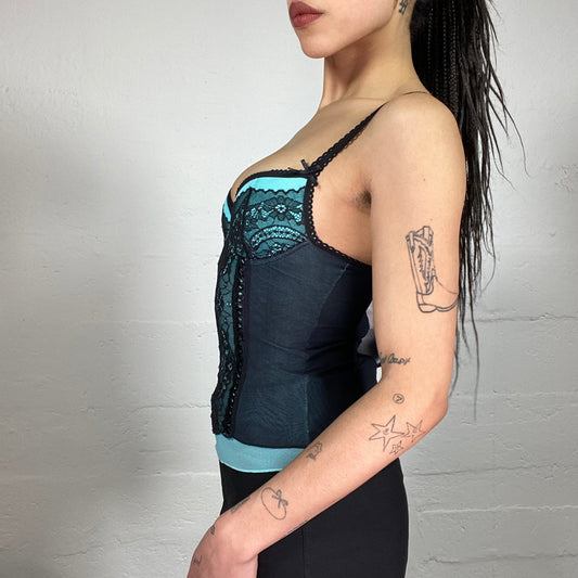 Vintage 2000’ Vampy Lingerie Style Black and Aqua Blue Corset Top with Lace Details (80B)