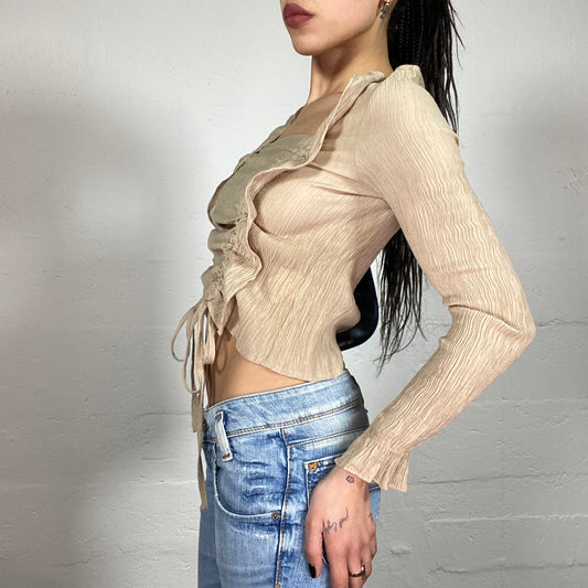 Vintage 90’ Archive Beige Longsleeve Top with Ruffle and Straps Details (M)