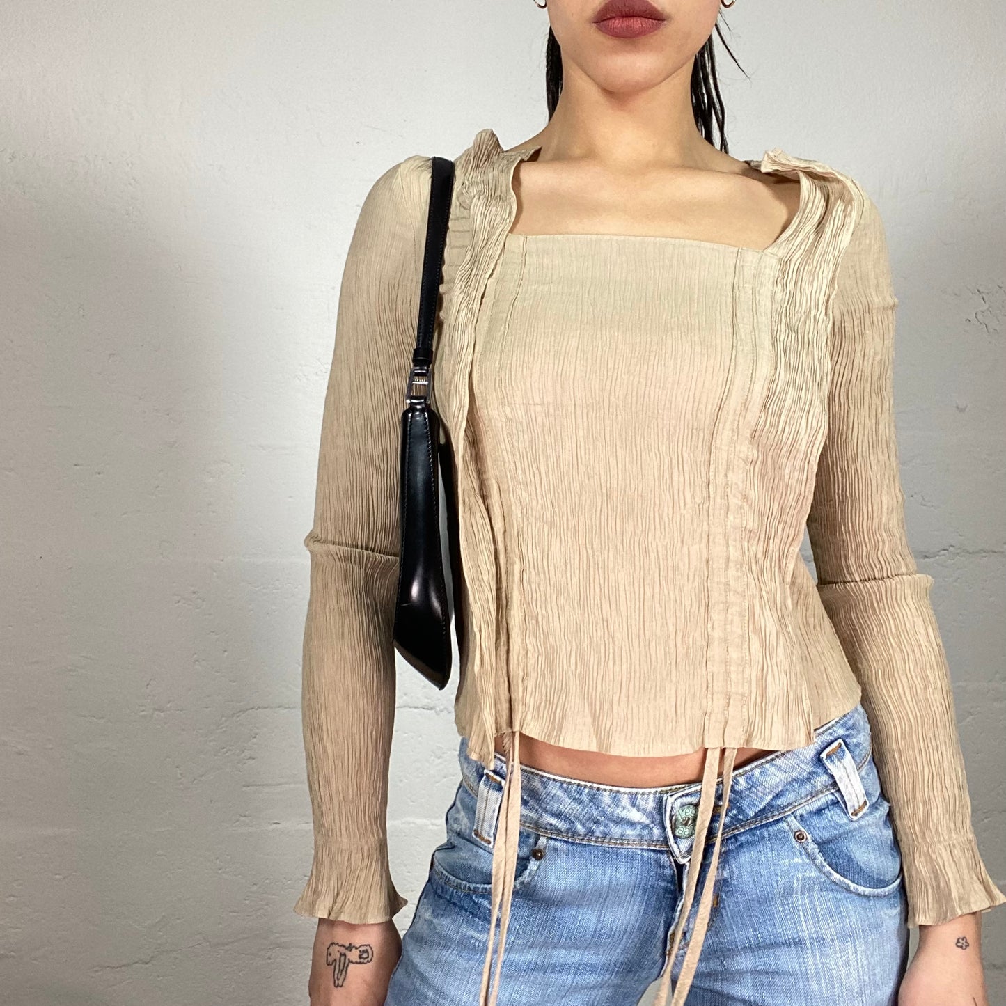 Vintage 90’ Archive Beige Longsleeve Top with Ruffle and Straps Details (M)