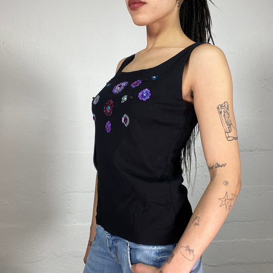 Vintage 90’ Summer Black Tank Top with Purple Sequin Flower Details (48)