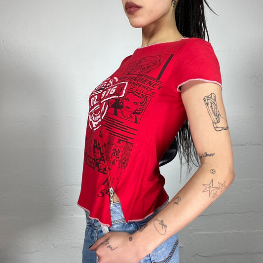 Vintage 2000‘ Sporty Red Top with Newspaper Print and Asymmetric Zip (S/M)