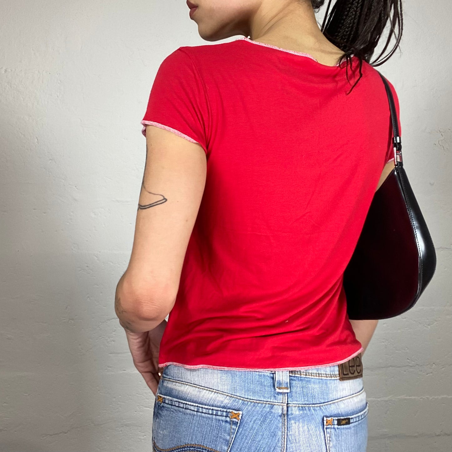 Vintage 2000‘ Sporty Red Top with Newspaper Print and Asymmetric Zip (S/M)