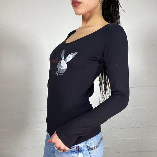 Vintage 2000’ Playboy Clubwear Black Longsleeve Top with Logo and Lip Print (M)