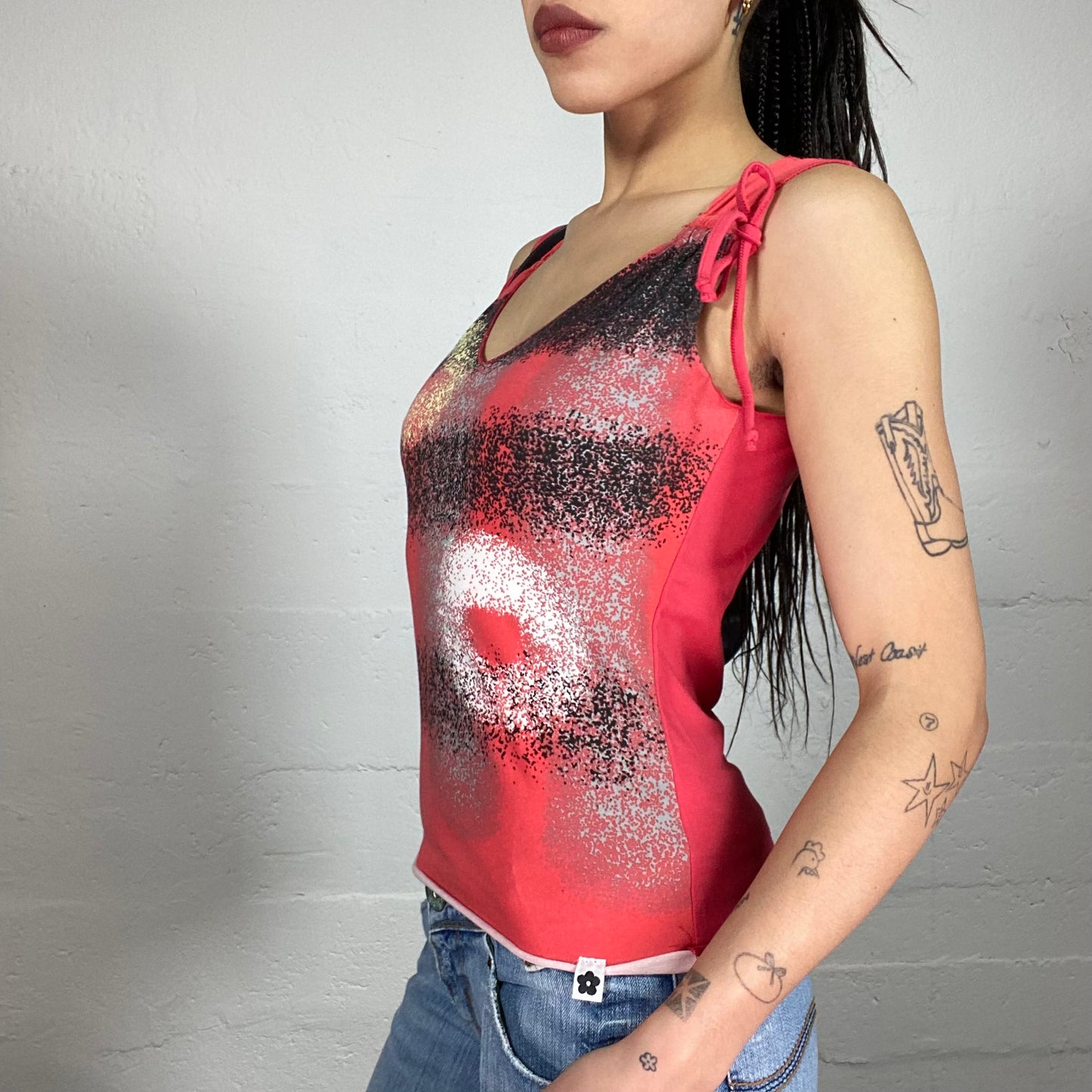 Vintage 2000’ Archive Coral Colour Printed Tank Top with Rubber Stripes Shoulder Details (L)