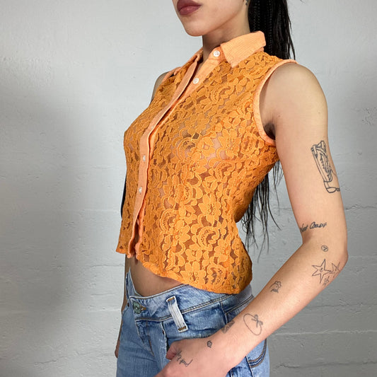 Vintage 90’ Casual Orange Lace Button Up Sleeveless Collar Shirt (M)