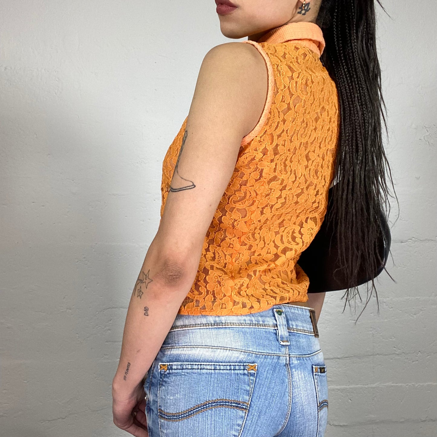 Vintage 90’ Casual Orange Lace Button Up Sleeveless Collar Shirt (M)