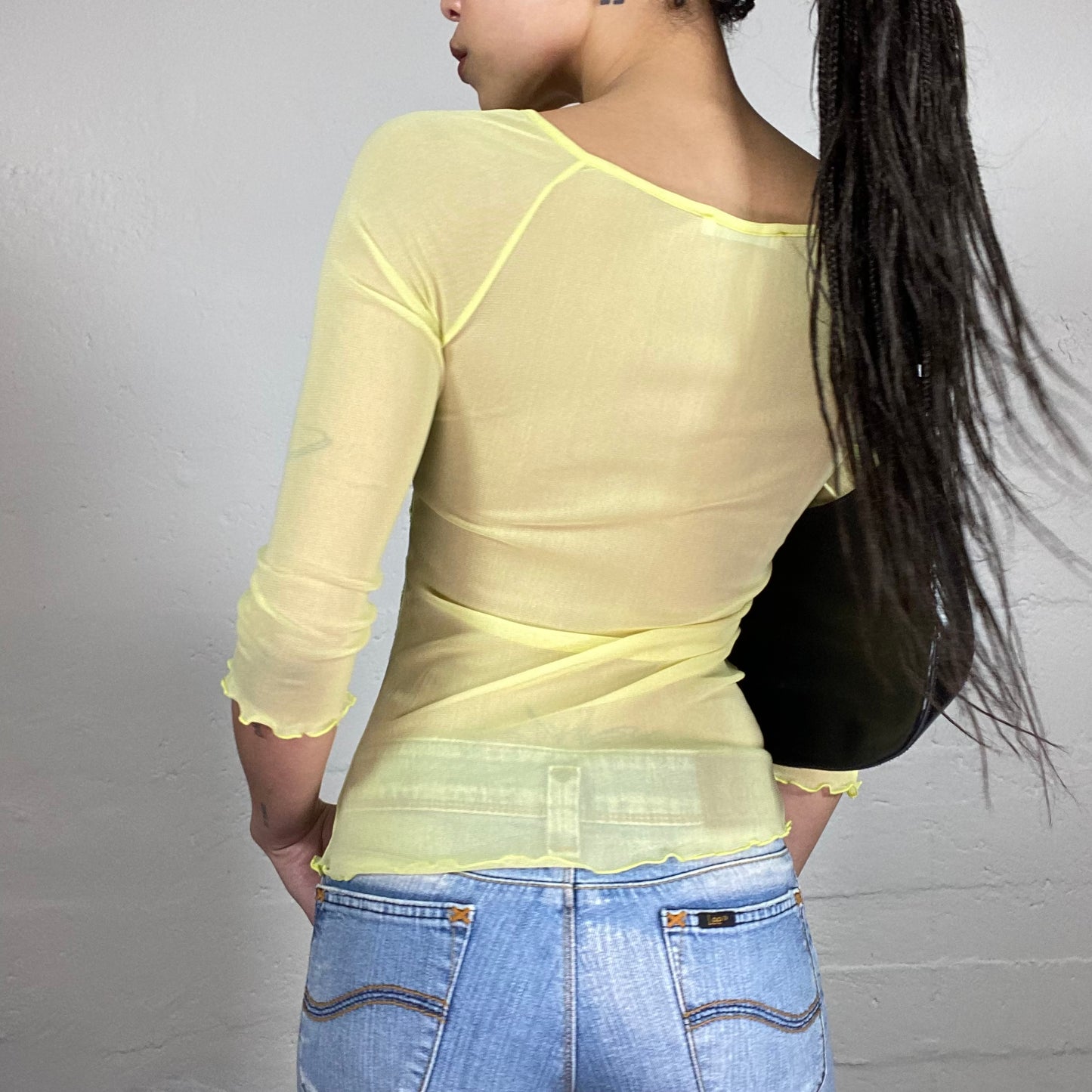 Vintage 2000’ Summer Lemon Green Mesh 3/4 Sleeve Top with Decorative Matching Tone Embroidery (S)