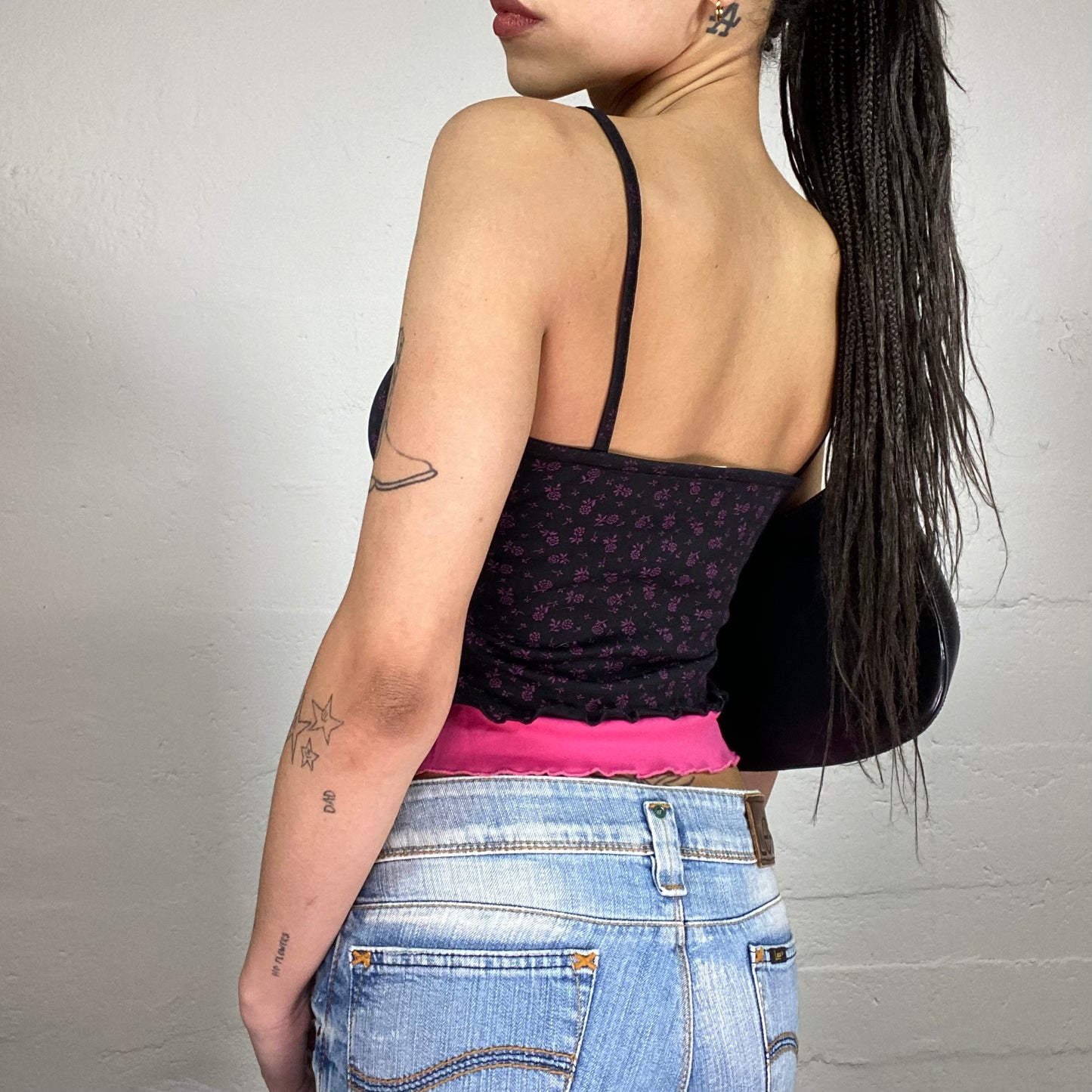 Vintage 90’ Devon Aoki Style Black and Pink Cami Top with Pink Floral Print (36)