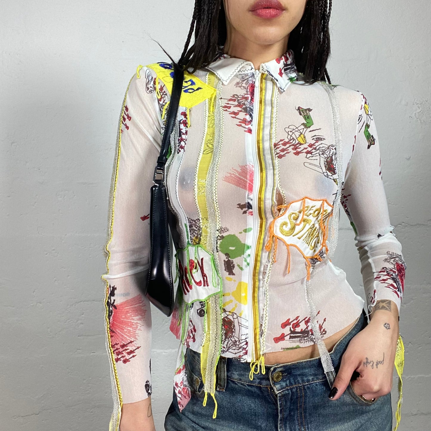 Vintage 2000’ Archive See-Through White Mesh Zip Up with Colourful Sewn On Embroidery and Knitted Back (40)