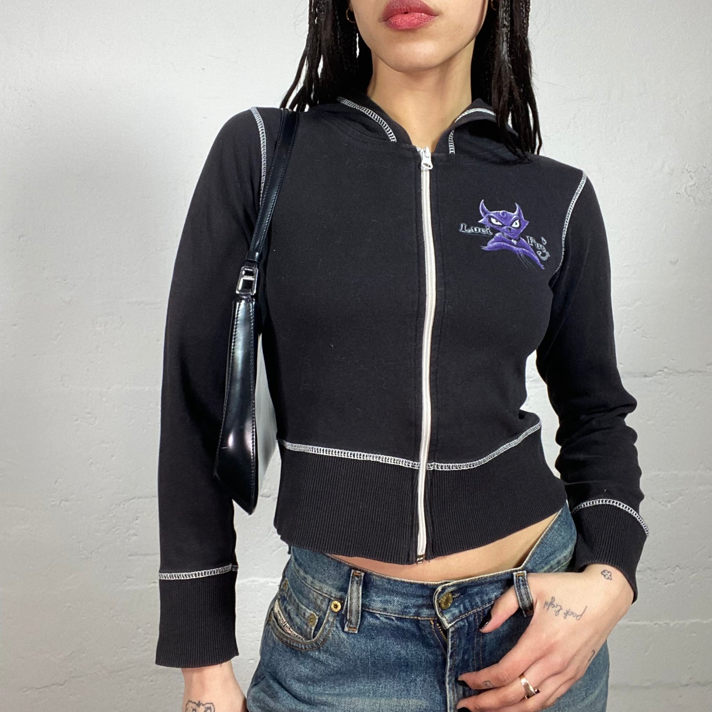Vintage 2000’ Vampy Black Zip Up Hooded Pullover with Contrast White Stiching and Cartoon Print (S)