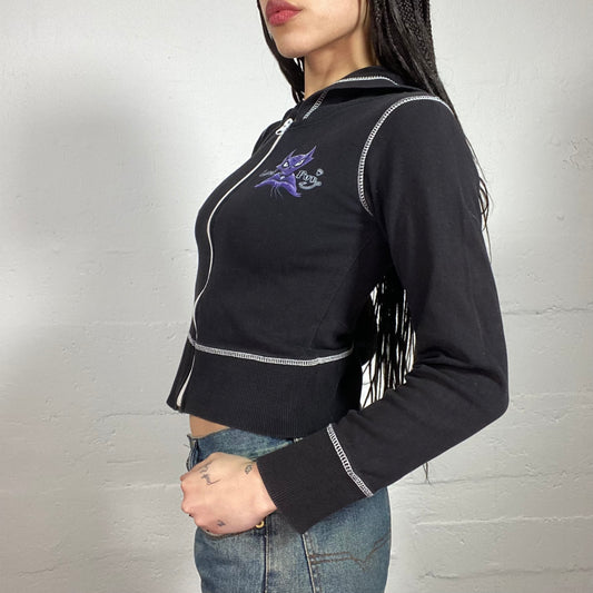 Vintage 2000’ Vampy Black Zip Up Hooded Pullover with Contrast White Stiching and Cartoon Print (S)
