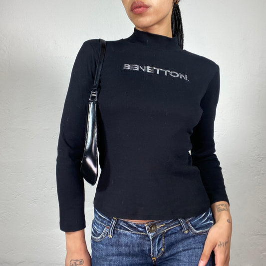 Vintage 2000's Benetton Black Longsleeve Turtleneck Top with Rhinestone Logo Embroidery (S)