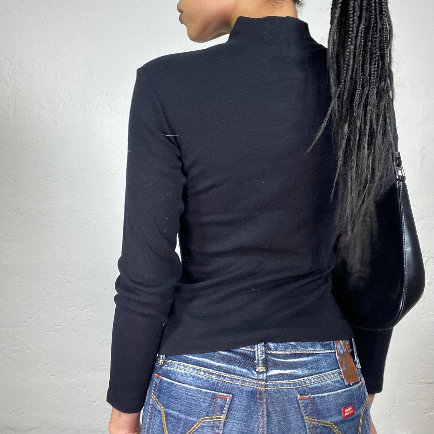 Vintage 2000's Benetton Black Longsleeve Turtleneck Top with Rhinestone Logo Embroidery (S)