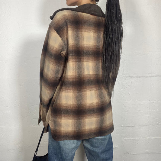 Vintage 90's Casual Brown and Beige Zip Up Jacket with Checkered Print (M)