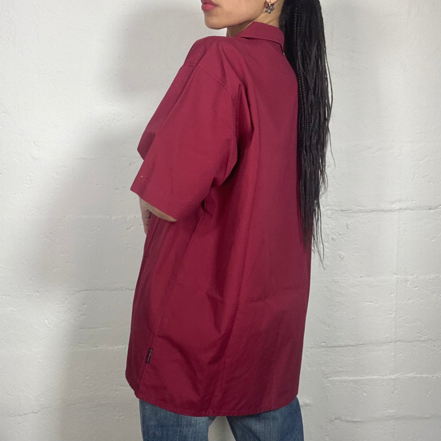 Vintage 90's Skater Girl Oversized Button Up Short-Sleeved Red Shirt with Black Glossy Print Detail (XL)