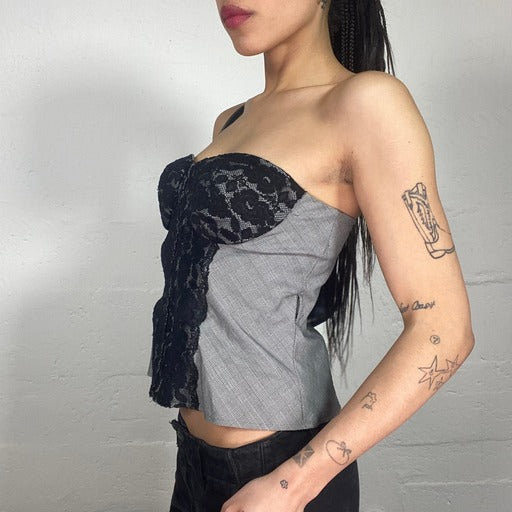 Vintage 90's Coquette Classy Grey Lightly Printed Corset Top with Black Lace Front Embroidery (M)
